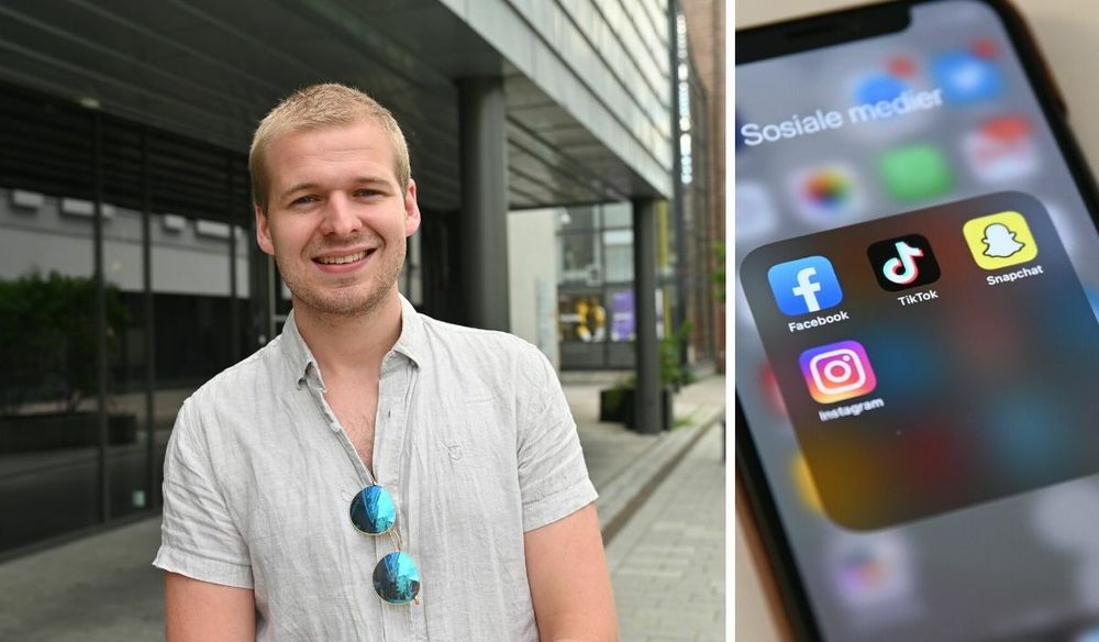 Medieanalytiker Jonas Østrem i Kantar. Til høyre er de sosiale mediene Facebook, TikTok, Instagram og Snapchat.