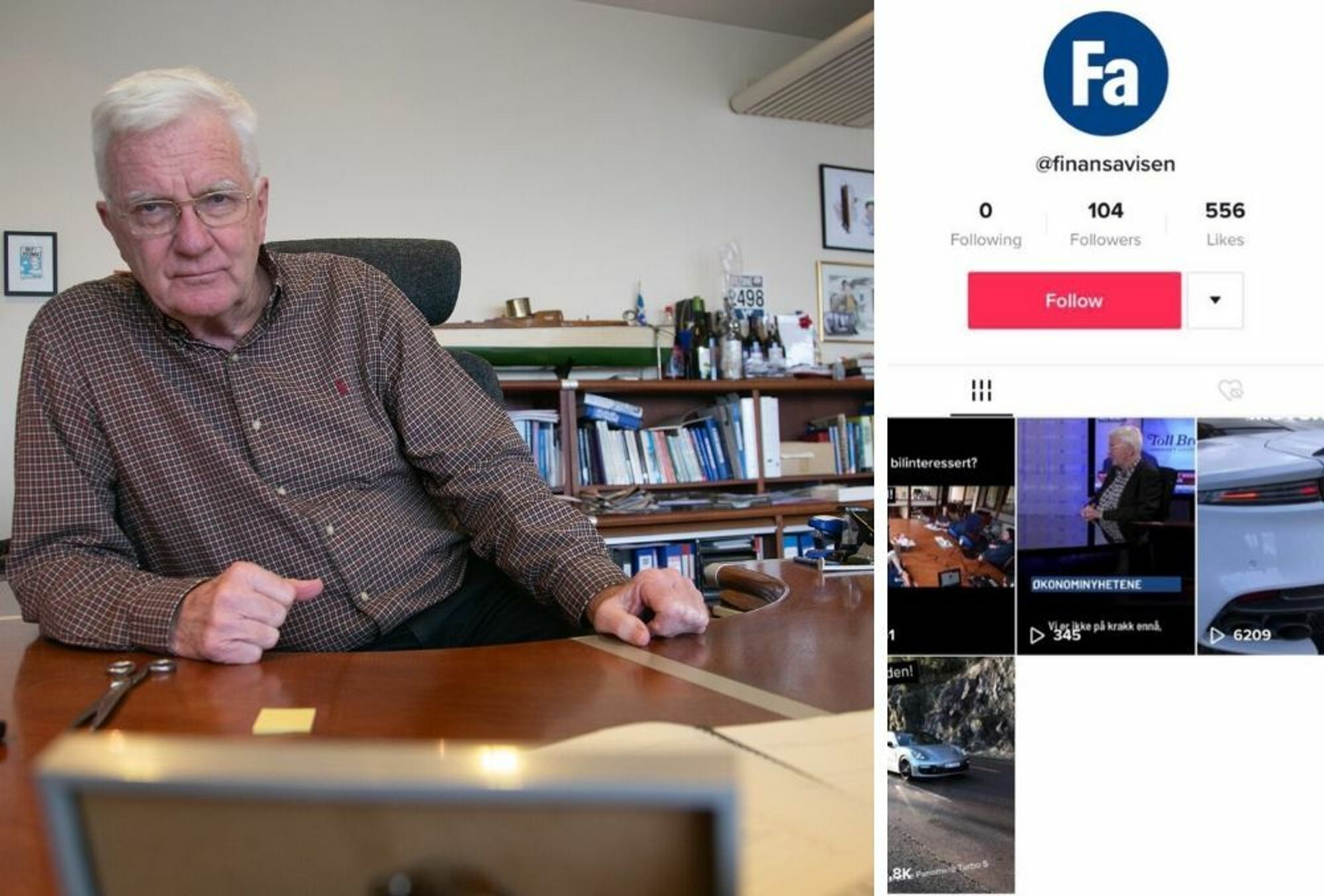 Trygve Hegnar og et skjermdump av @finansavisen sin bruker på den populære appen TikTok.