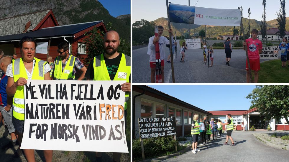 SA FRÅ: Det var demonstrasjonar mot vindkraft på Verkland, i Brekke og i Eivindvik i Gulen torsdag.