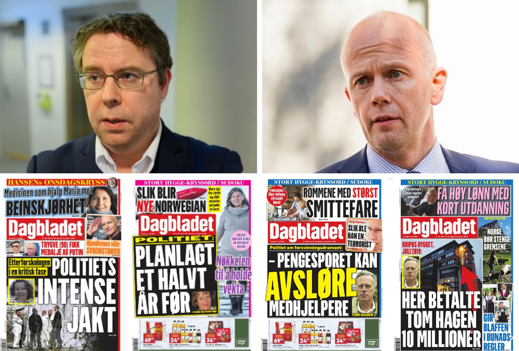 Nyhetsreadktør Frode Hansen i Dagbladet (t.v), Tom Hagens forsvarsadvokat Svein Holden og et utvalg av Dagbladets forsider i mai. (Foto: Ole Alexander Saue, Fredrik Hagen og skjermdump fra Dagbladets e-avis).