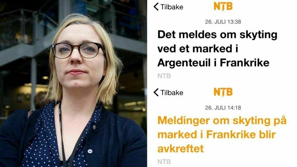 NTBs nyhetsredaktør, Sarah Sørheim, mener det var riktig av NTB å fortelle om øyenvitners påstander om skyting på et marked i Frankrike.