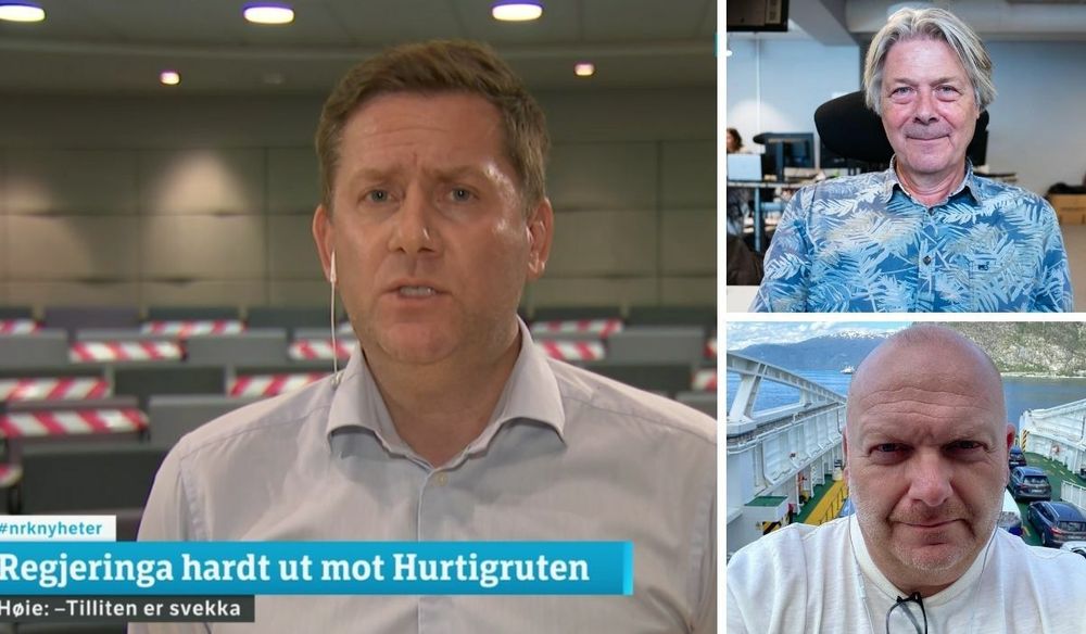 NRK-journalist Geir Bjarte Hjetland og Nettavisens Erik Stephansen (innfelt til høyre) reagerer på mediehåndteringen til Hurtigruten og konsernsjef Daniel Skjeldam.