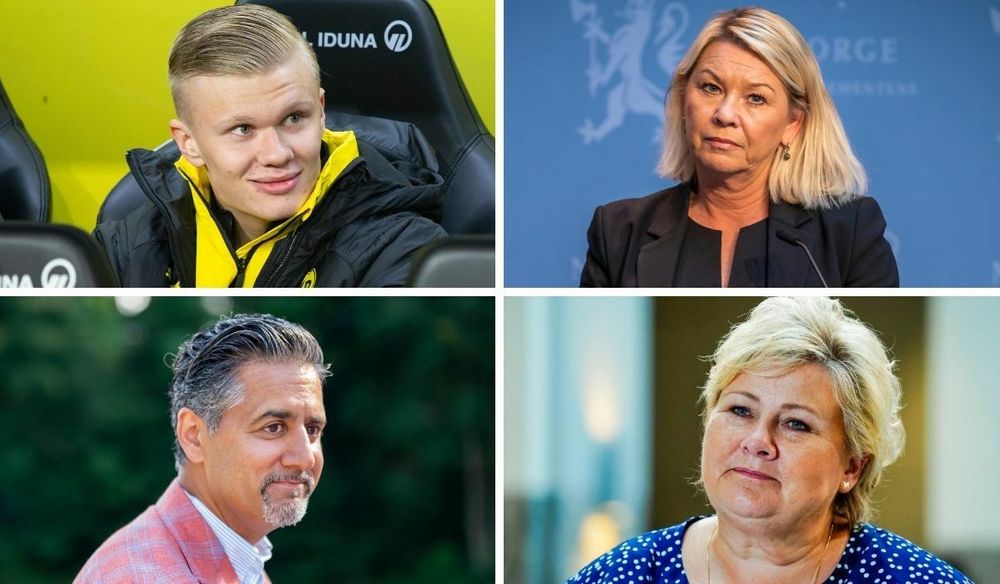Erling Braut Haaland (øverst fra venstre), Monica Mæland, Abid Raja og Erna Solberg er alle blant de mest omtalte personene i norske medier i år.