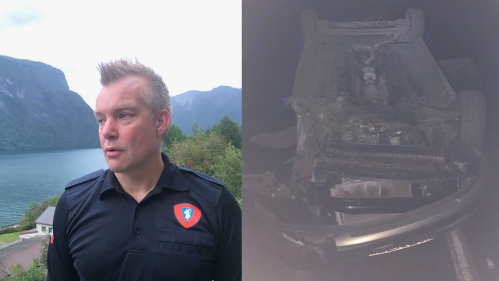 UVANLEG: Det er sjeldan at bilar endar på taket inne i tunnelar, seier brannsjef Reinhardt Sørensen
