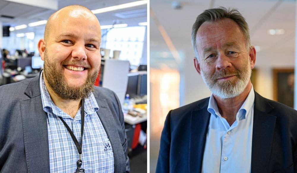 E24-redaktør Gard L. Michalsen (til venstre) er opptatt av NTB-siteringer. Det er ikke DN-redaktør Amund Djuve.