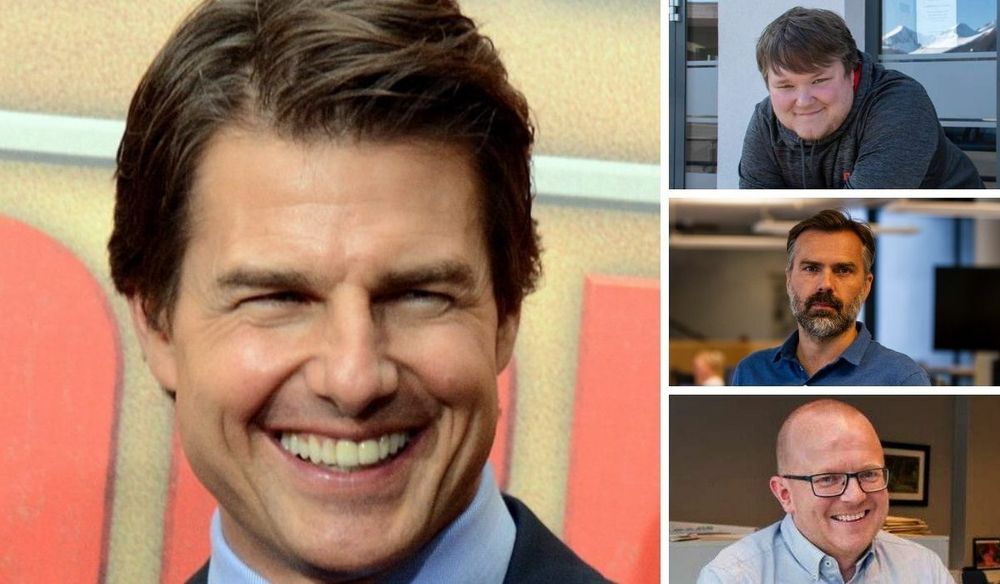 Tom Cruise (til venstre) skaper stor interesse for avisleserne på Sunnmøre om dagen. Det merker journalist i Åndalsnes Avis, Even Ørjasæter (øverst til høyre), nyhetsredaktør i Sunnmørsposten Sindre Halkjelsvik og redaktør i Åndalsnes Avis, Per-Kristian Bratteng.