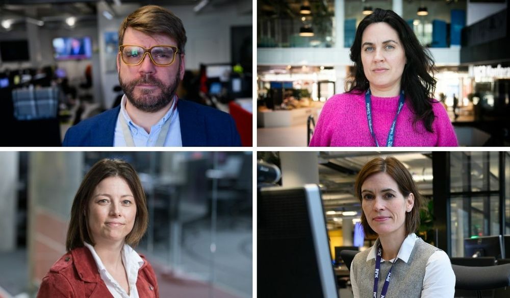 Sigvald Sveinbjørnsson (BA), Frøy Gudbrandsen (BT), Sarah Willand (TV 2) og Dyveke Buanes (NRK Vestland) gjør alle koronagrep for redaksjonene i Bergen.