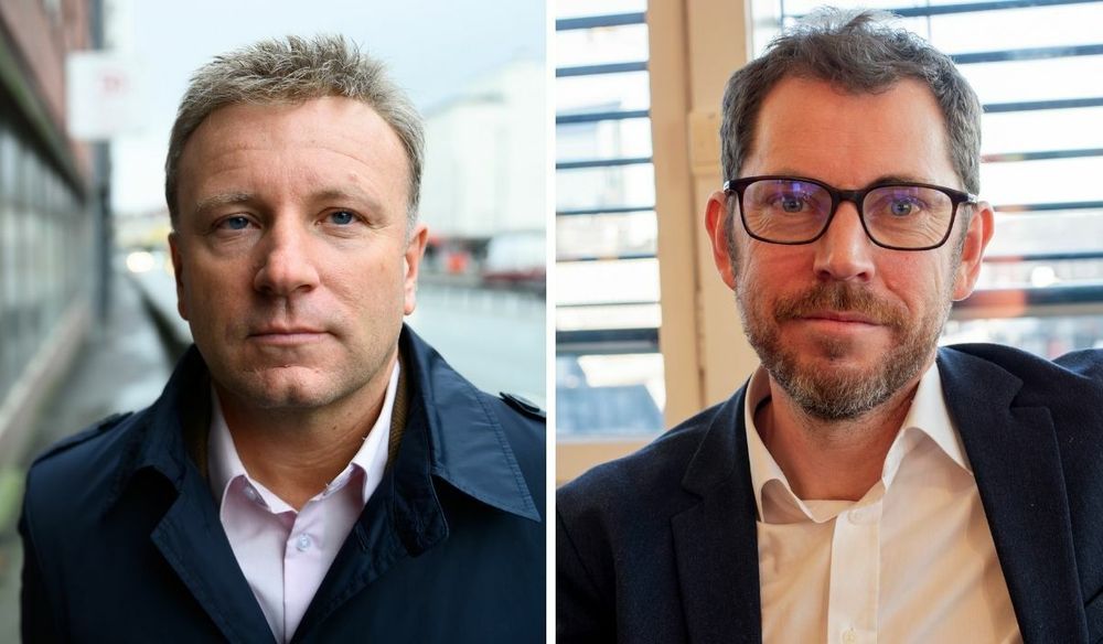 Sjefredaktør i Dagen Vebjørn Selbekk og sjefredaktør og administrerende direktør i Vårt Land Bjørn Kristoffer Bore.