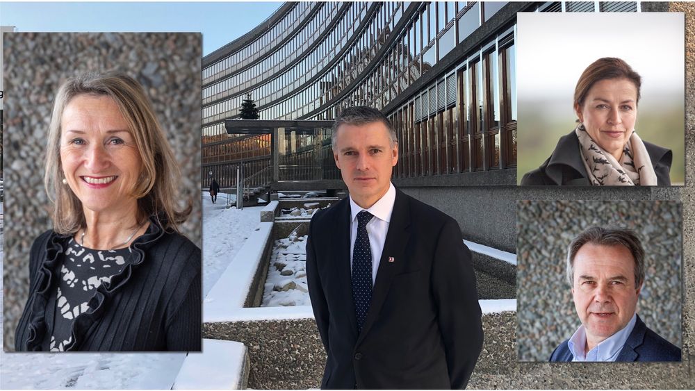 Anne Britt Leifseth er direktør for Skred og vassdrag i NVE (t.v), Kjetil Lund er direktør i NVE (midten), Anne Vera Skrivarhaug er energidirektør (øverst t.h.) og Rune Fladby er direktør for konsesjoner.