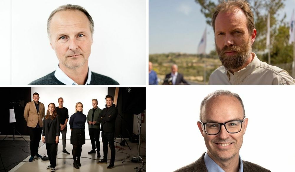 Prosjektredaktør i Dagens Næringslivet Tor M. Nondal (øverst fra venstre), utenrikssjef i NRK Sigurd Falkenberg Mikkelsen, VGTVs team i Oslo og USA: Stig Øystein Schmidt, Natalie Remøe Hansen, Patrik Eian Fjeldstad, Kristina Kinne, Espen Moe Breivik og Matteus Ketner, og utenrikssjef i Aftenposten Per Kristian Aale.