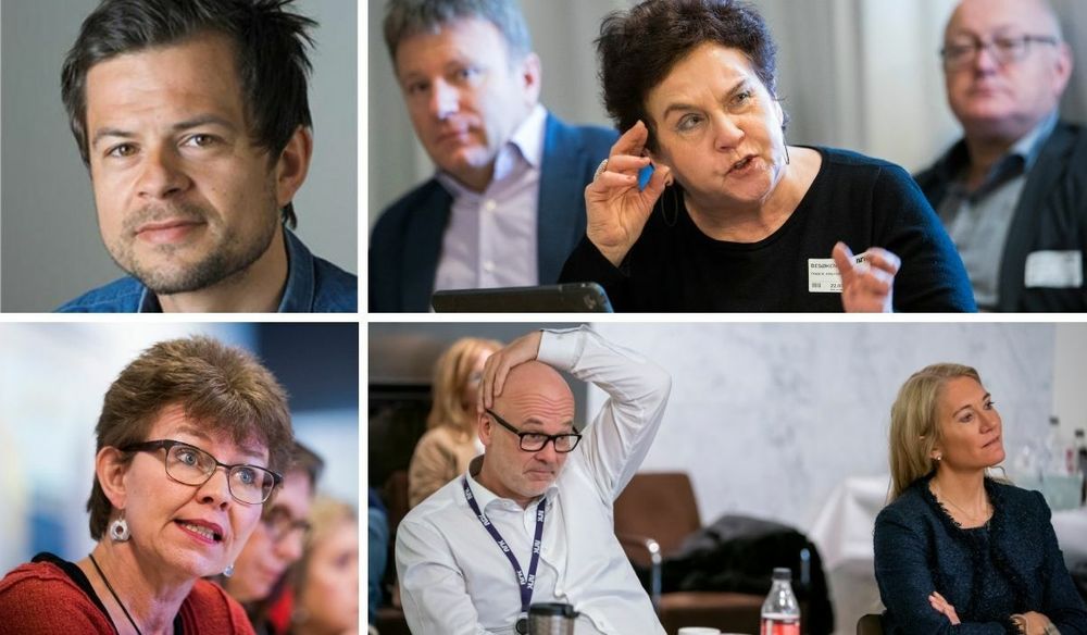 Rådsmedlemmene Torgeir Uberg Nærland (øverst til venstre), Tove Karoline Knutsen og Kathrine Kleveland - i tillegg til kringkastingssjef Thor Gjermund Eriksen - diskuterte banning i NRK