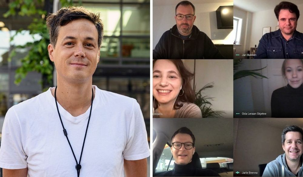 VGs utviklingsredaktør Øyvind Brenne (til venstre) skryter av teamet som står bak koronaspesialen. Øverst fra venstre.: Øyvind Engan, Jari Bakken, Yasmin Sfrintzeris, Oda Leraan Skjerne, Sondre Nilsen og Jarle Brenna.