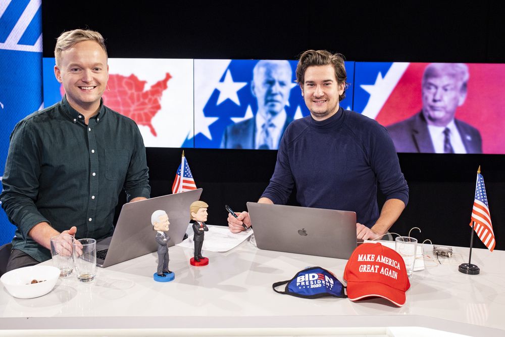 Fra venstre: Espen Breivik og Matteus Ketner. Studiopanel i VGTV torsdag kveld i forbindelse med presidenvalget i USA.