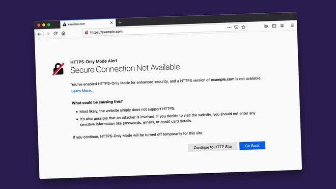 Feilmelding i Firefox 83 som vises når HTTPS-Only Mode er aktivert og nettstedet brukeren besøker ikke er tilgjengelig via HTTPS.