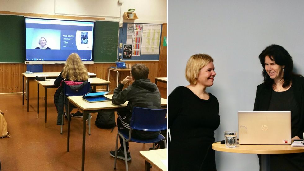 FØLGDE MED: 10. klasse ved Dalsøyra skule følgde årets karrieremesse frå klasserommet. Dagleg leiar i Gulen og Masfjorden utvikling, Ragnhild Undertun og marknadskoordinator i Nav Nordhordland, Anne-Lise Wilkensen streama frå Hosteland