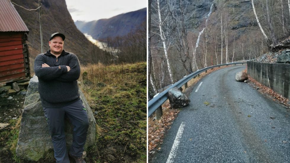 IKKJE NOKO NYTT: Bengt Erlend Skjerdal var ikkje overraska då han nok ein gong måtte svinge seg mellom eit knippe steinar som hadde ramla ned i vegen.