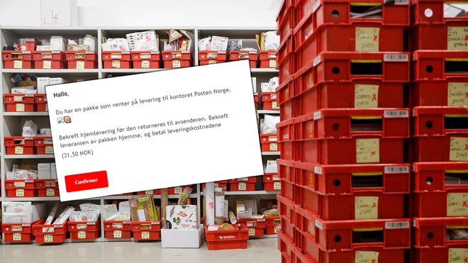 Fulle hyller og stabler med Posten-plastbakker med pakker, og eksempel på en phishing-epost.