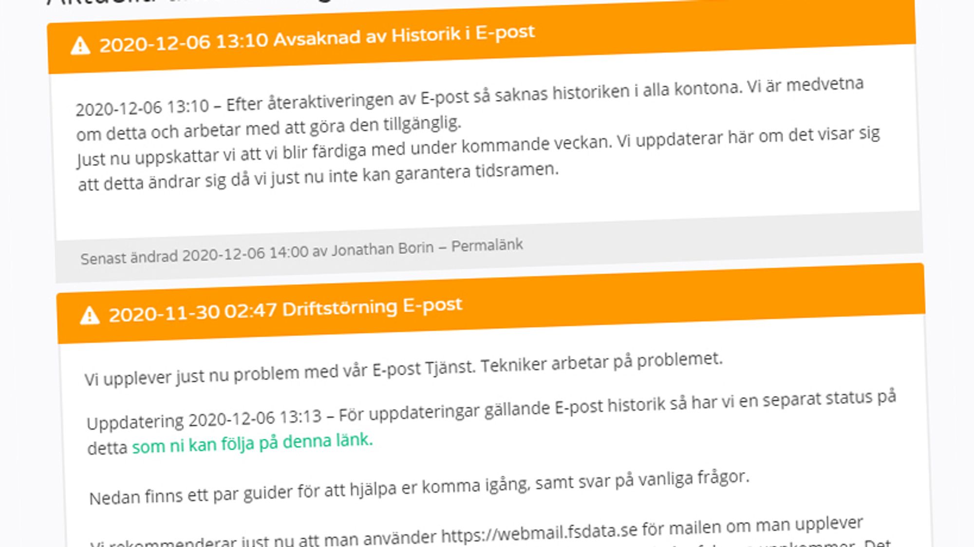 Statusmeldinger hos FS Data etter at eposttjenesten til selskapet krasjet 30. november 2020.