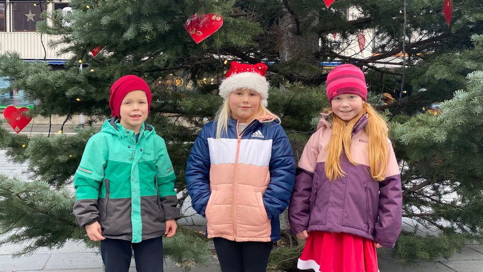 JULESTEMNING: Desse 1. klassingane har pynta juletreet på Torget med juleønska sine.