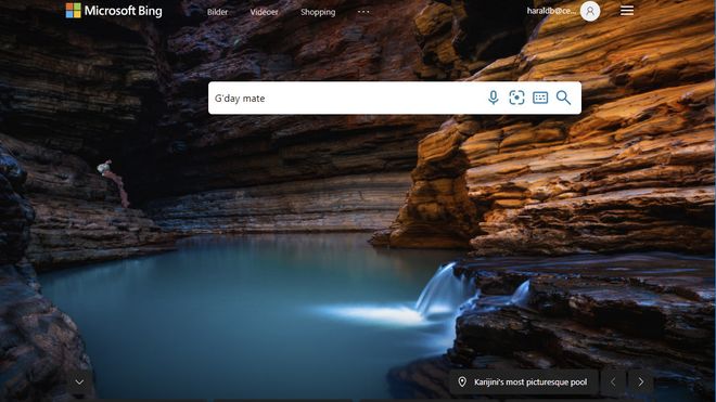 Skjermbilde av Bing-tjenesten med australsk bakgrunnsbilde. Bildet er fra Karijini National Park.