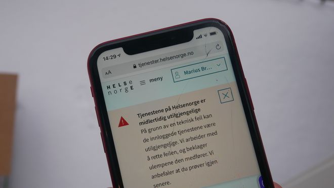 Helsenorge.no gir ved 14-tiden fortsatt feilmelding, selv om undertegnede fikk logget seg inn.