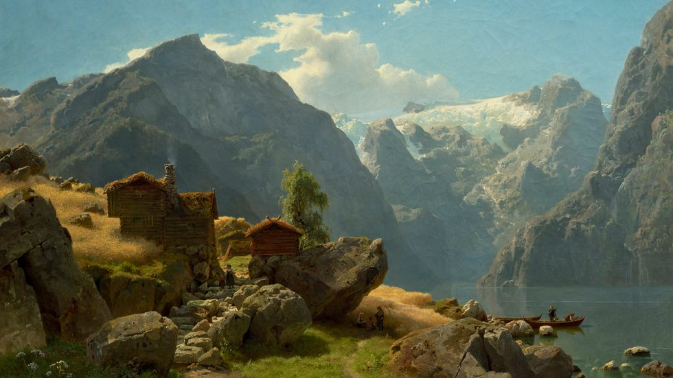 ESEBOTN: Det er tydeleg at kunstnaren har tatt seg eit par kunstnariske friheiter, men måleriet frå 1800-taler er umisskjenneleg likt turistbygda.