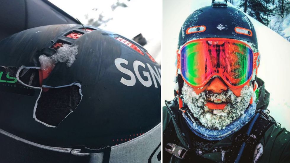 HJELM: – Takk til Sweet protection som faktisk tar hjelmbruk på alvor og gir deg rabatt på nytt hjelm kjøp om du har knust hjelmen din på ski, skriv Jo Marius Bøyum Bøyabreen