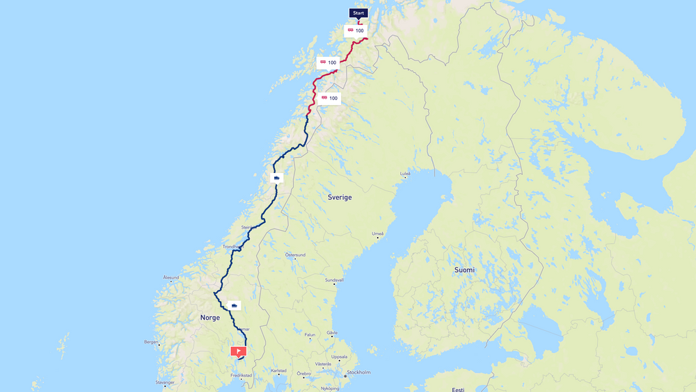 Skjermdump fra Enturs web-applikasjon som viser reiserute med kollektiv transport fra Tromsø til Oslo.