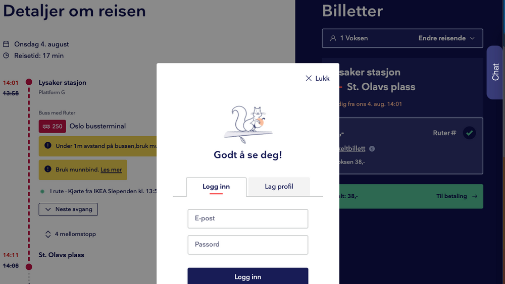 Skjermdump fra Enturs reiseplanlegger på app. Selskapet lagrer telefonens identitet ved billettkjøp.