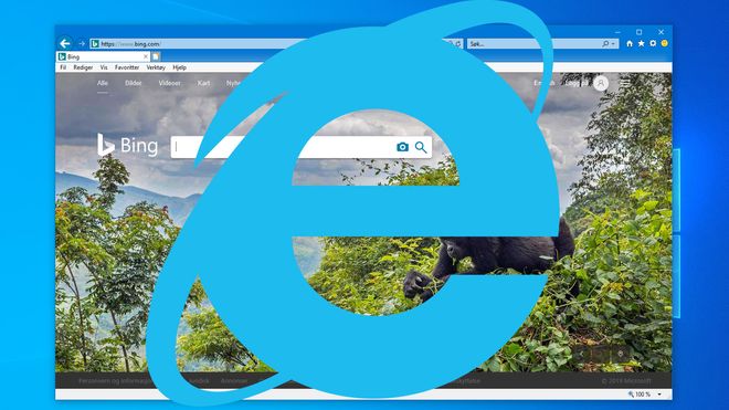 Bing vises i Internet Explorer 11 i Windows 10, med en stor IE-logo foran.