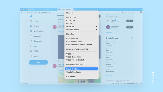 Progressive webapper (PWA-er) kan installeres fra kontekstmenyen til den aktuelle fanen i Vivaldi