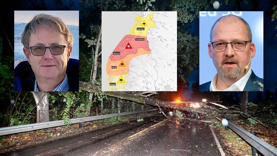 Dekningsdirektør Bjørn Amundsen (til venstre) og direktør for infrastruktur i Telia, Georg Svendsen, er begge forberedt på at det kan bli utfall i mobil- og bredbåndsdekning når stormen Gyda treffer land med full kraft. I bakgrunnen et bilde fra stormen Knuds herjinger i 2018.