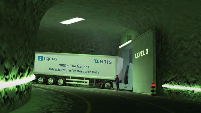 Slik kan det se ut når NIRD-konteinerne er på vei inn i Lefdal Mine Datacenter (LMD).