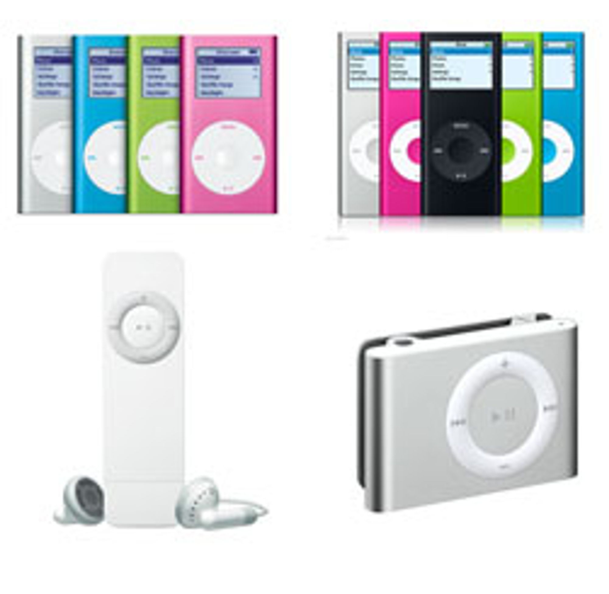 iPod Mini (ø.v) ble til Nano, mens iPod Shuffle (n.v) ble mindre.