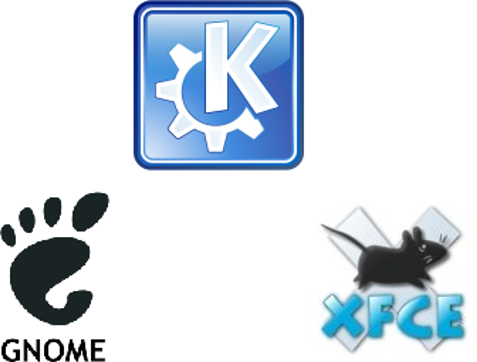 Tre populære skrivebordsmiljø til Linux - KDE, Gnome og XFCE.