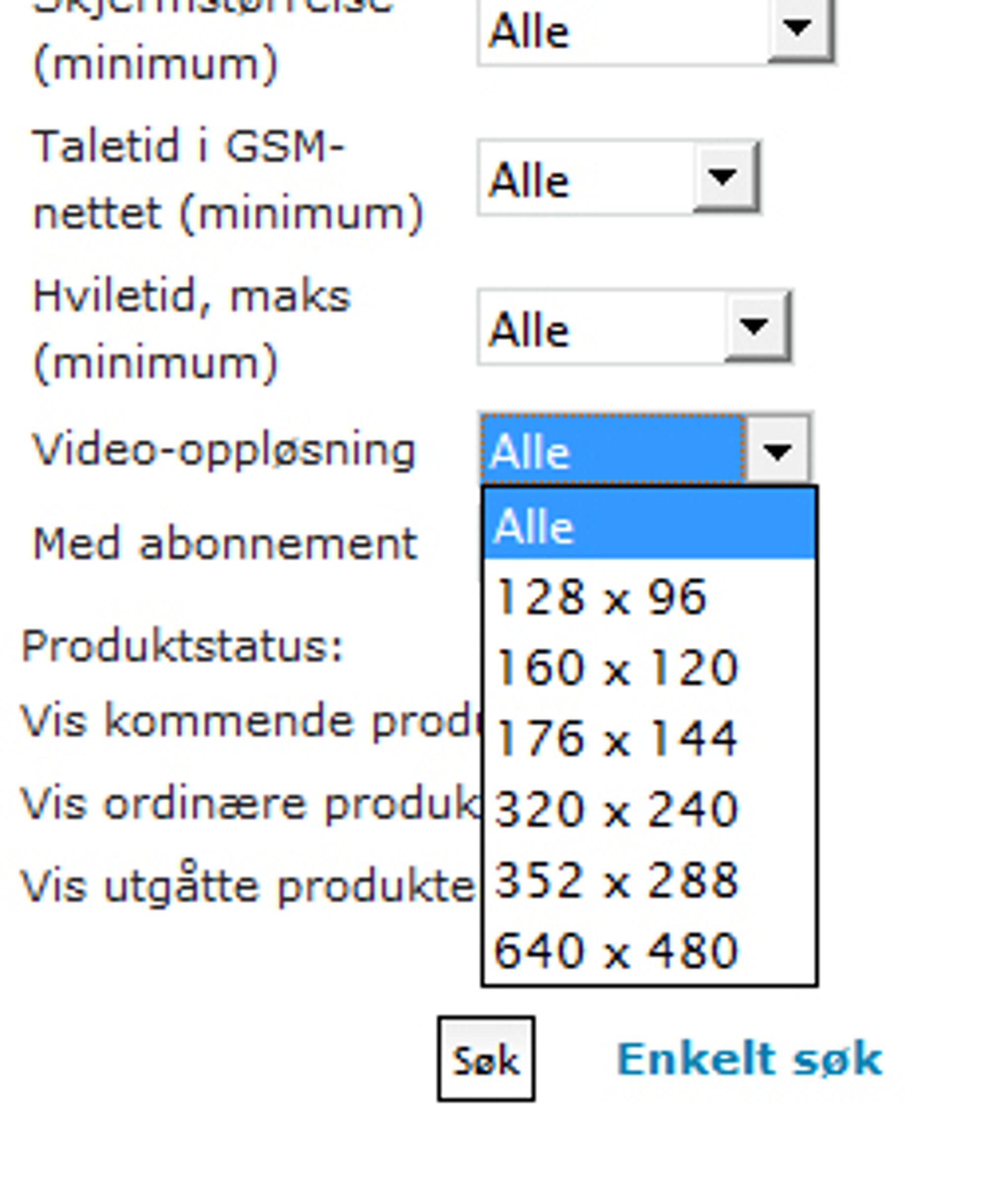 Videooppløsning finner du i det avanserte søket i prisguiden.
