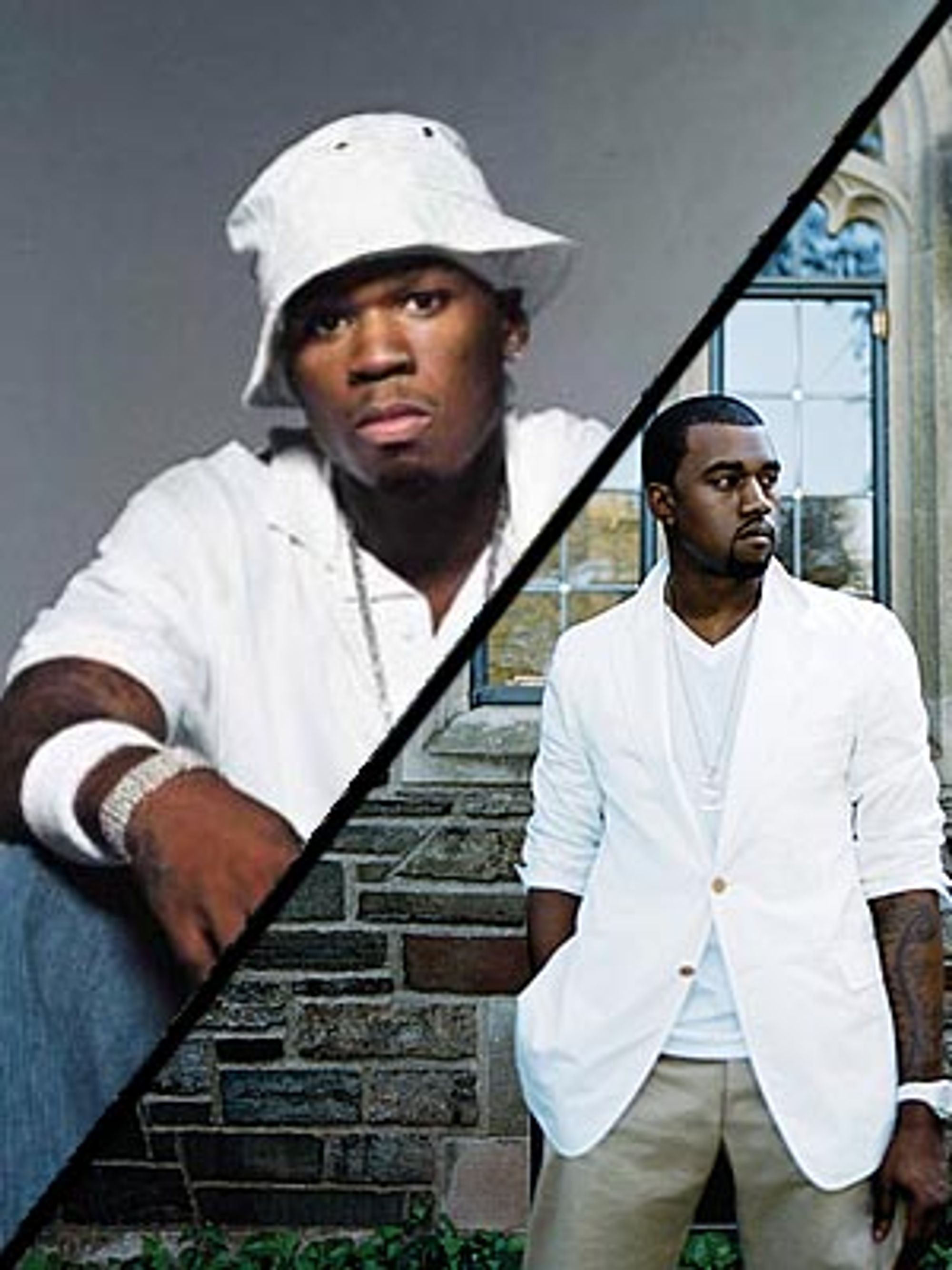 50 Cent, venstre, solgte vesentlig mindre den første uka enn rivalen Kanye West, høyre.
