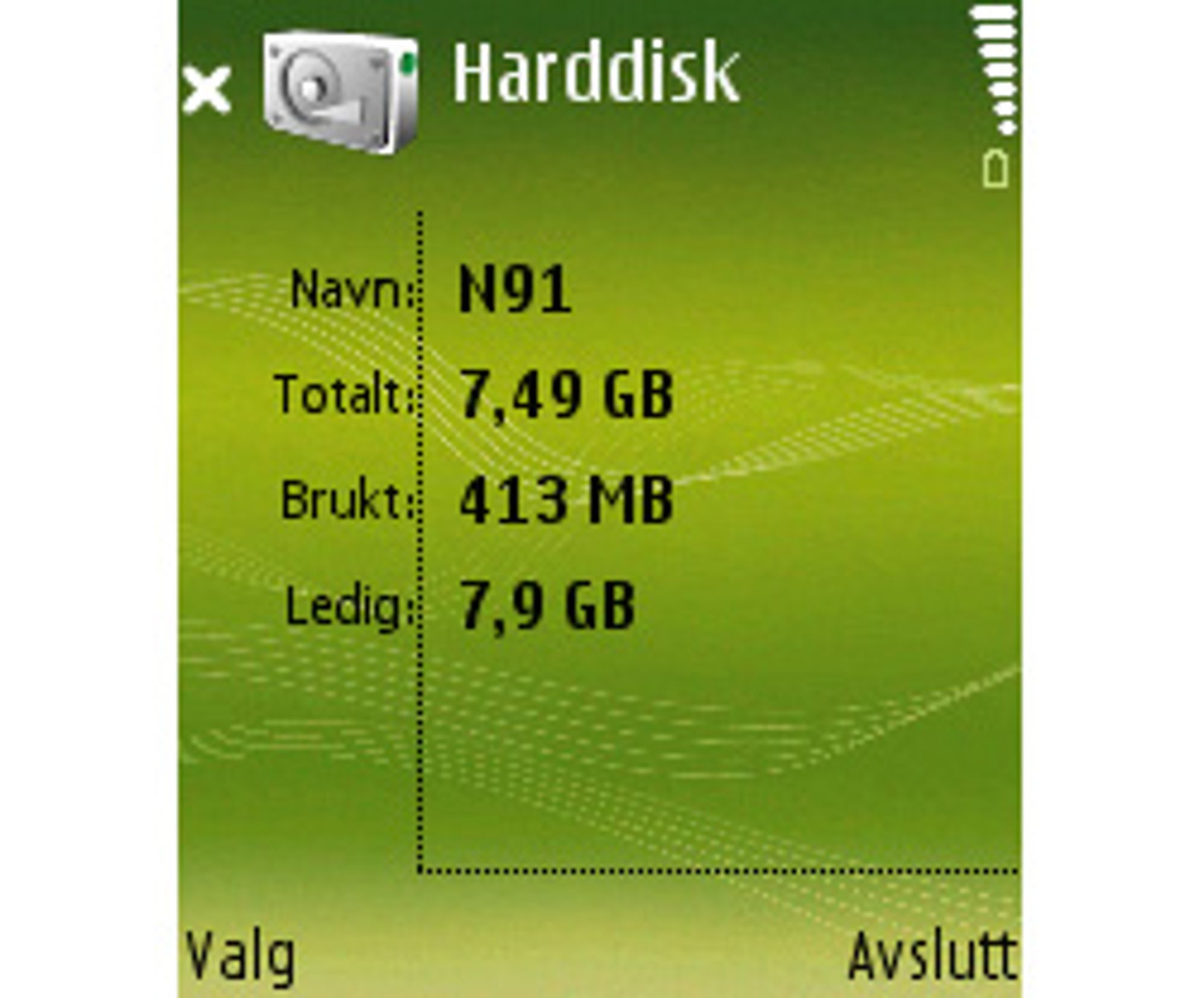 Telefonen viser deg hvor mye ledig minne du har igjen.