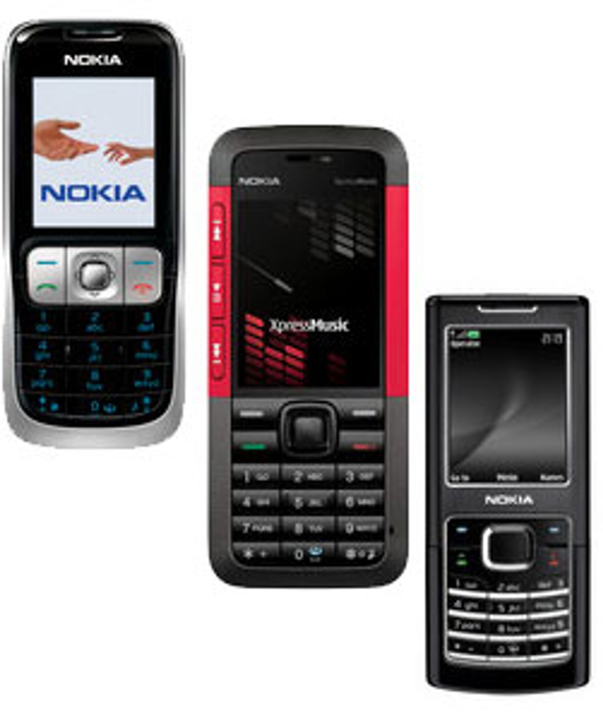 Fra venstre: Nokia 2630, 5310 og 6500 Classic.