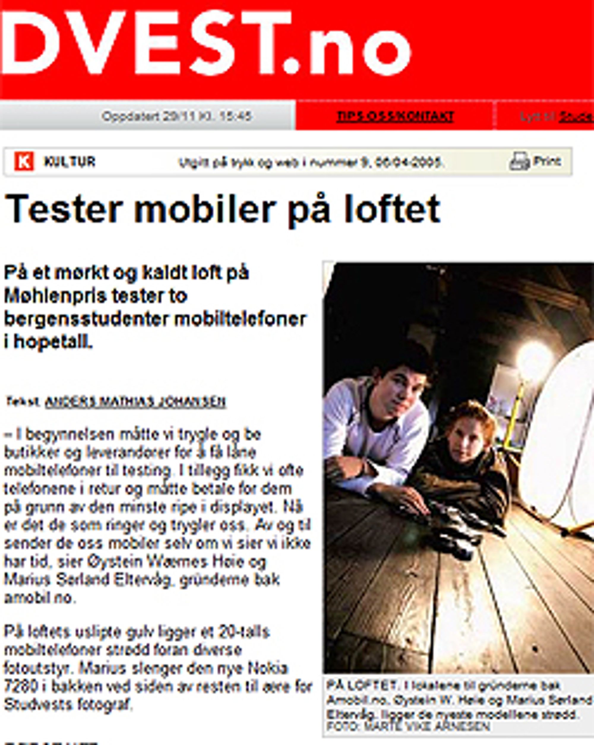 Artikkel i studentavisen Studvest fra den gangen Amobil testet på loftet. Klikk for å lese artikkelen. (Faksimile: Studvest.no)