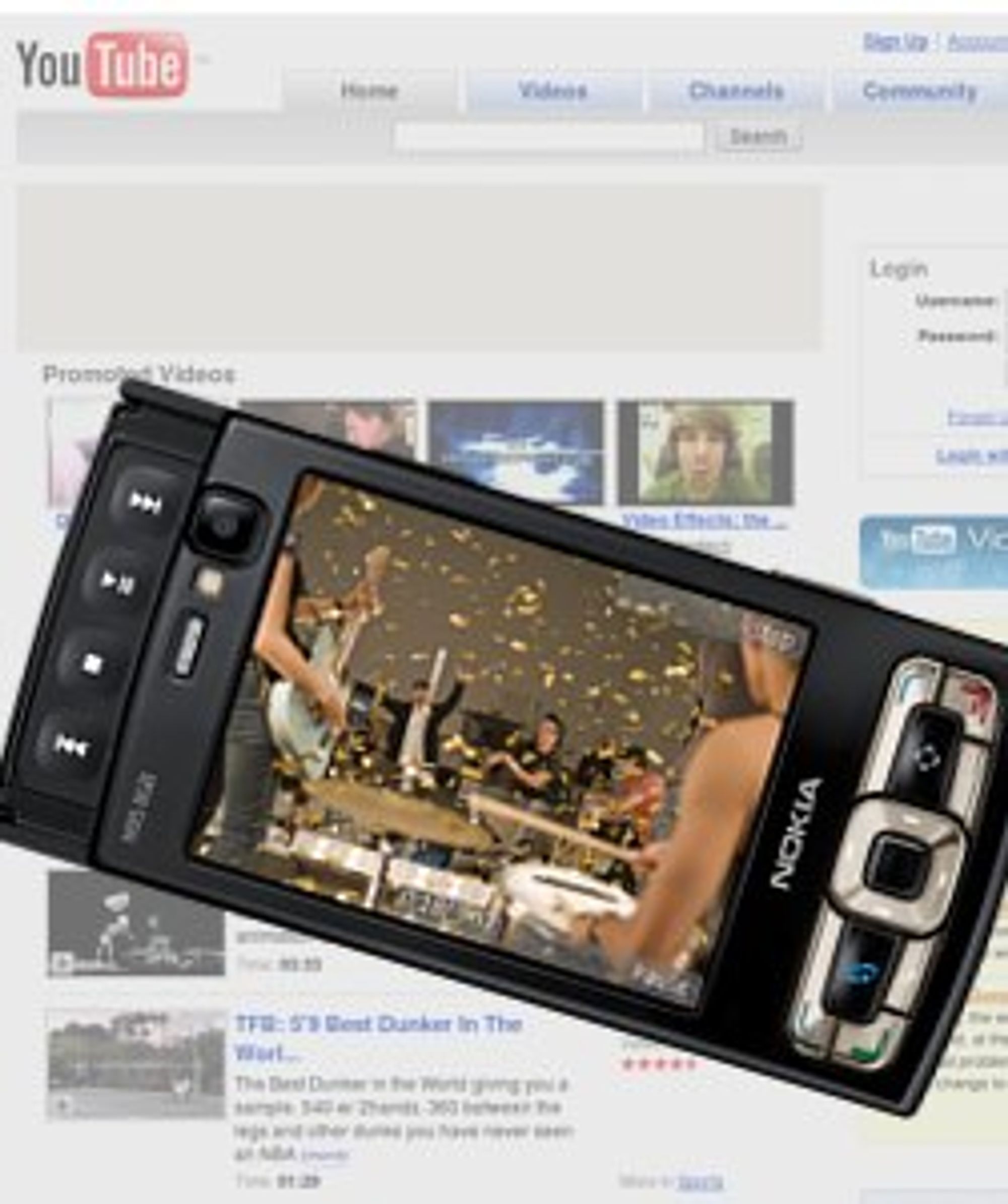 S60-telefoner som Nokia N95 kan endelig vise deg YouTube-videoer. (Illustrasjon: Einar Eriksen)