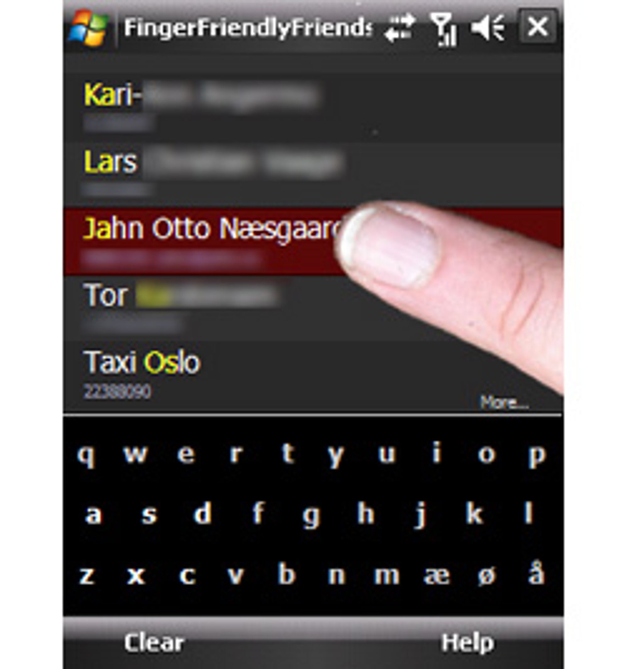 Slik ser kontaktlisten til Finger Friendly Friends ut. (Alle bilder: Finger Friendly Friends)