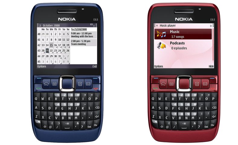 Nokia E63 kommer i blått og rødt.