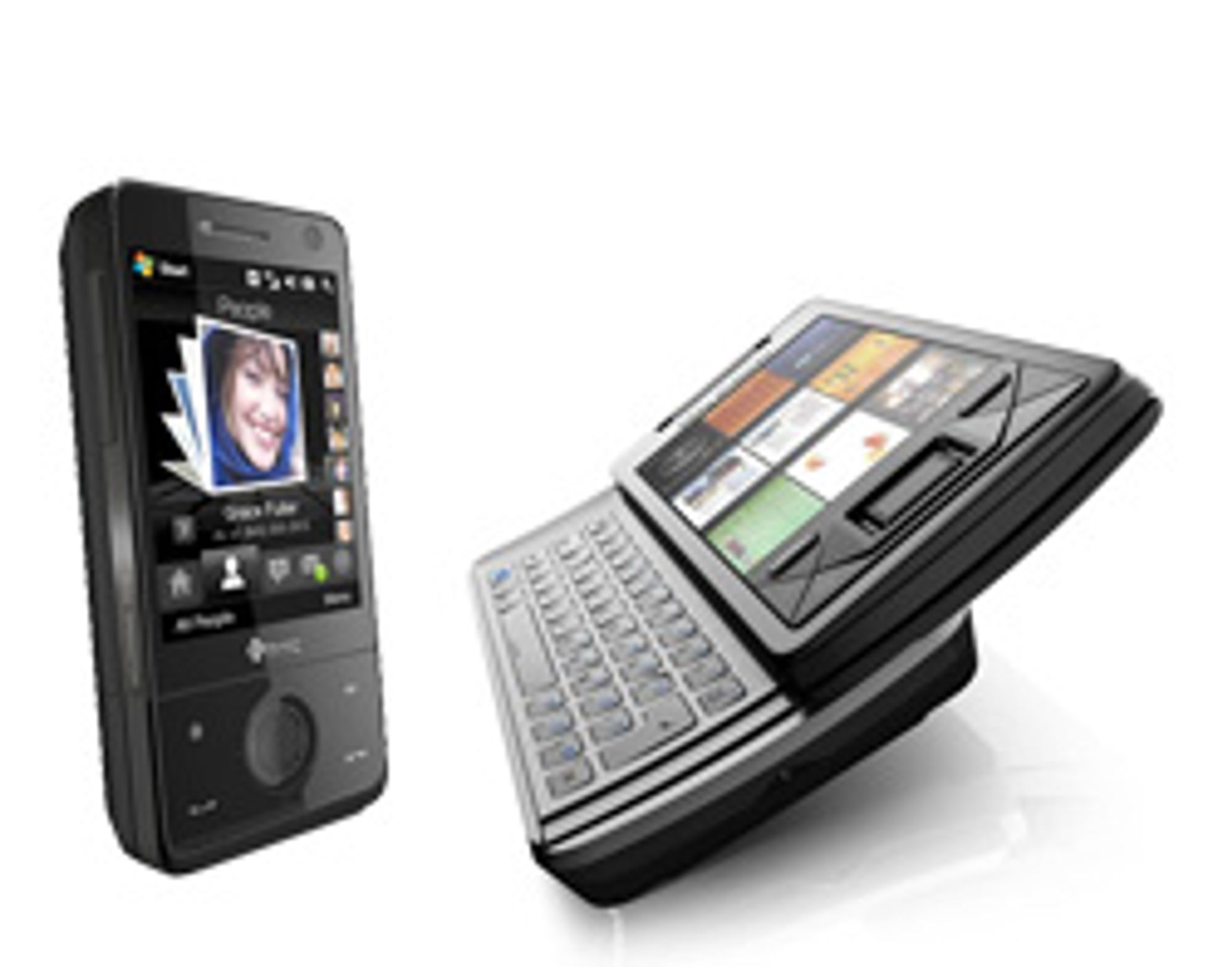 HTC Touch Pro til venstre og Sony Ericsson Xperia X1 til høyre har begge fulltastatur. (Foto: pressefoto)