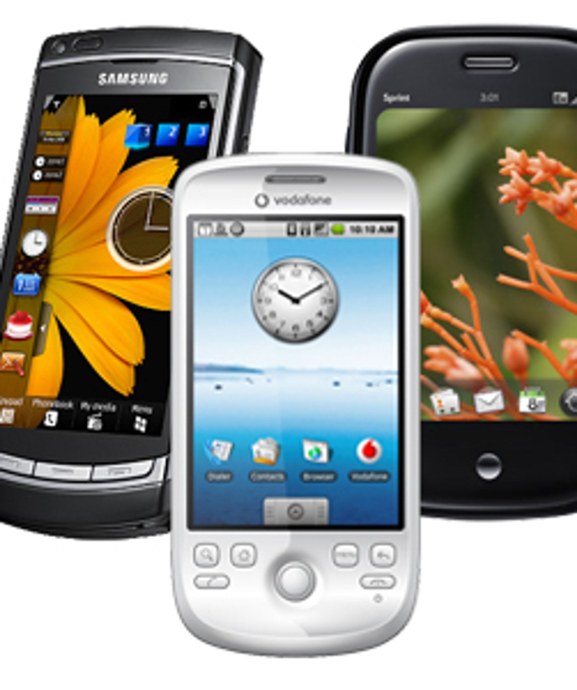 Dette er noen av telefonene som Adobe Flash 10 beta vil støtte. (Fra venstre: Omnia HD (Symbian OS), HTC Magic (Android) og Palm Pre(Web OS))