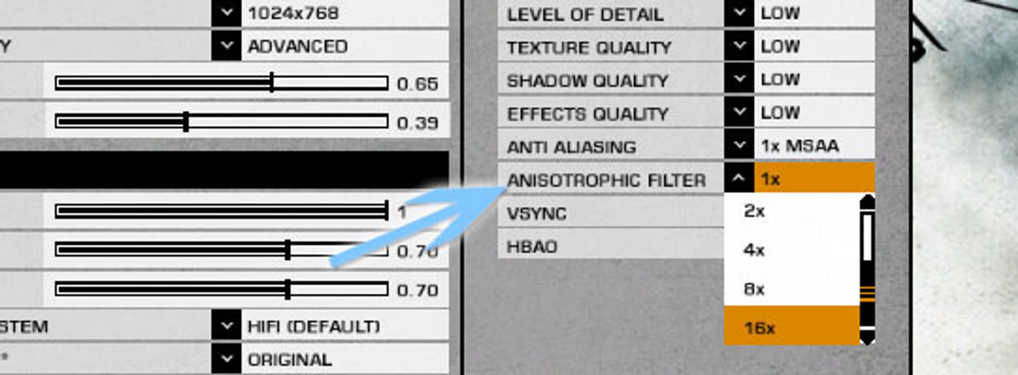 Anisotropic Filtering kan settes til det maksimale med en gang