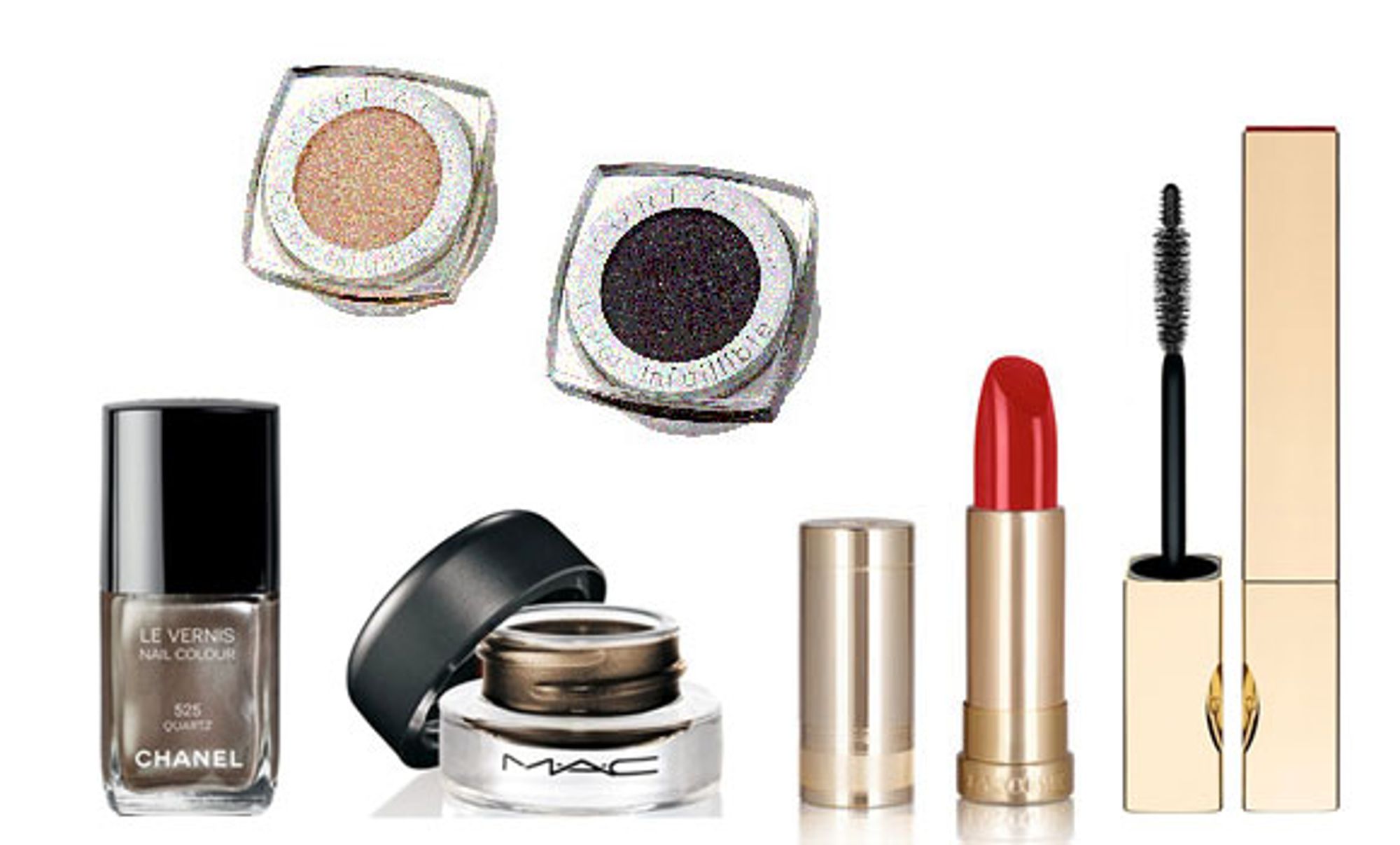 GLITRENDE GULL: Neglelakk med et snev av gull fra Chanel, Fluidline eyeliner fra Mac, �yeskygger i gull og sort fra L'or�al, Knallr�d leppestift fra Lanc�me, Sort maskara fra Clarins.
