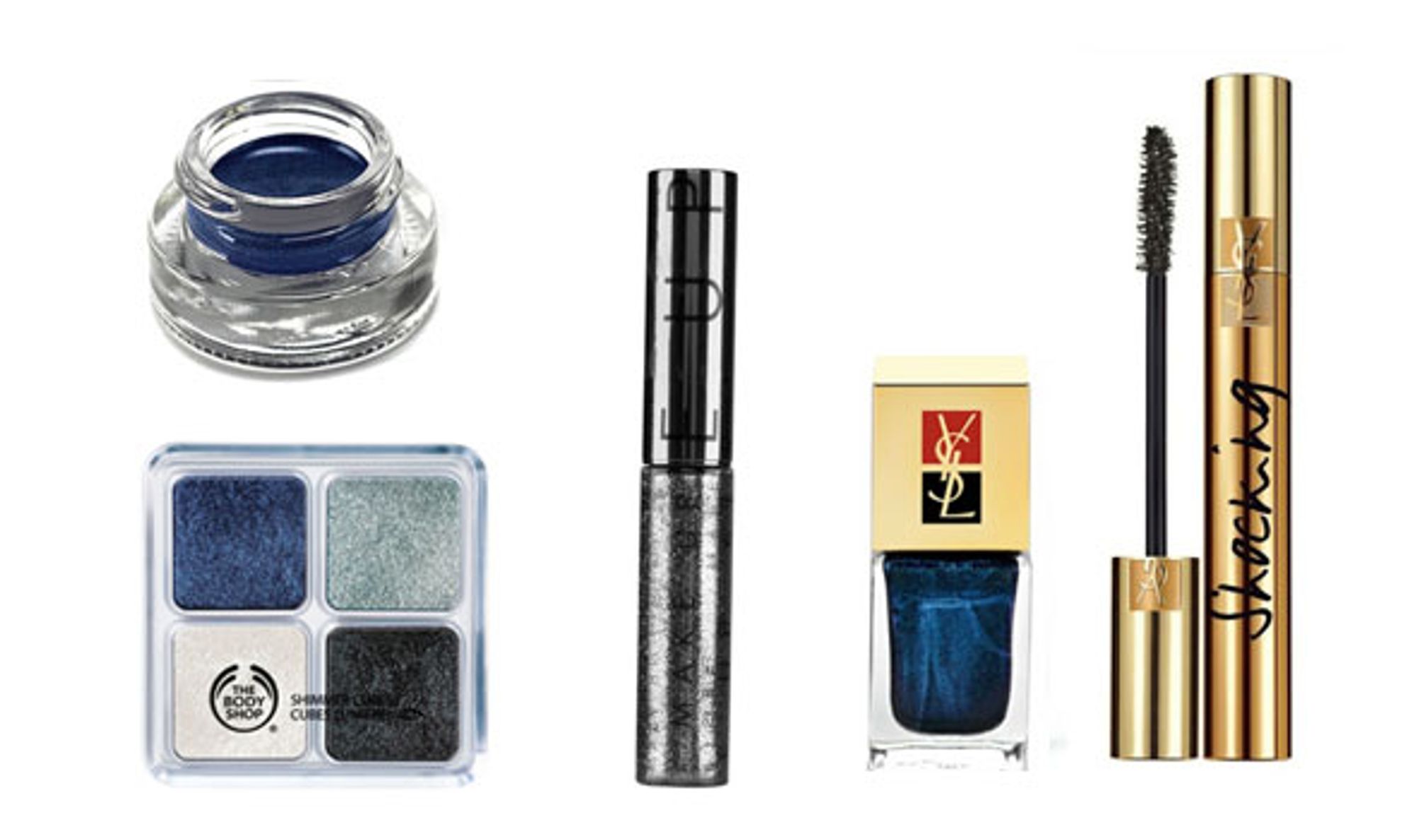 M�RK OG MYSTISK: Shimmercubes i bl� nyanser fra The Body Shop, Bl� cream eyeliner fra YSL, Glitterliner fra Make up Store, M�rkebl� neglelakk fra YSL, Effet Faux Cils Shocking maskara i sortbl� fra YSL.