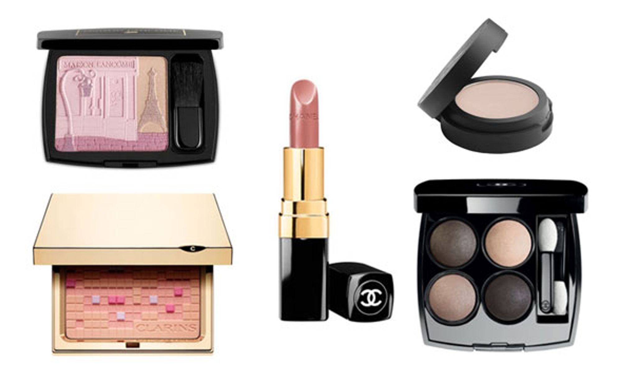 NATURLIG VAKKER: Lyst pudder fra Clarins, Rouge med tre farger fra Lanc�me, Lys leppestift fra Chanel, �yeskyggepalett i jordn�re farger fra Chanel, Lys beige skygge fra Make up Store.