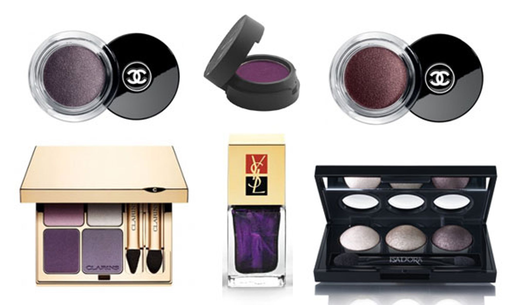 LEKKER I LILLA: �yeskyggepalett fra Clarins, Lilla skygge fra Chanel, Sortlilla neglelakk fra YSL, Dyp lilla �yeskygge fra Make up Store, Lilla skyggepalett fra Isadora, Plommefarget �yeskygge fra Chanel.